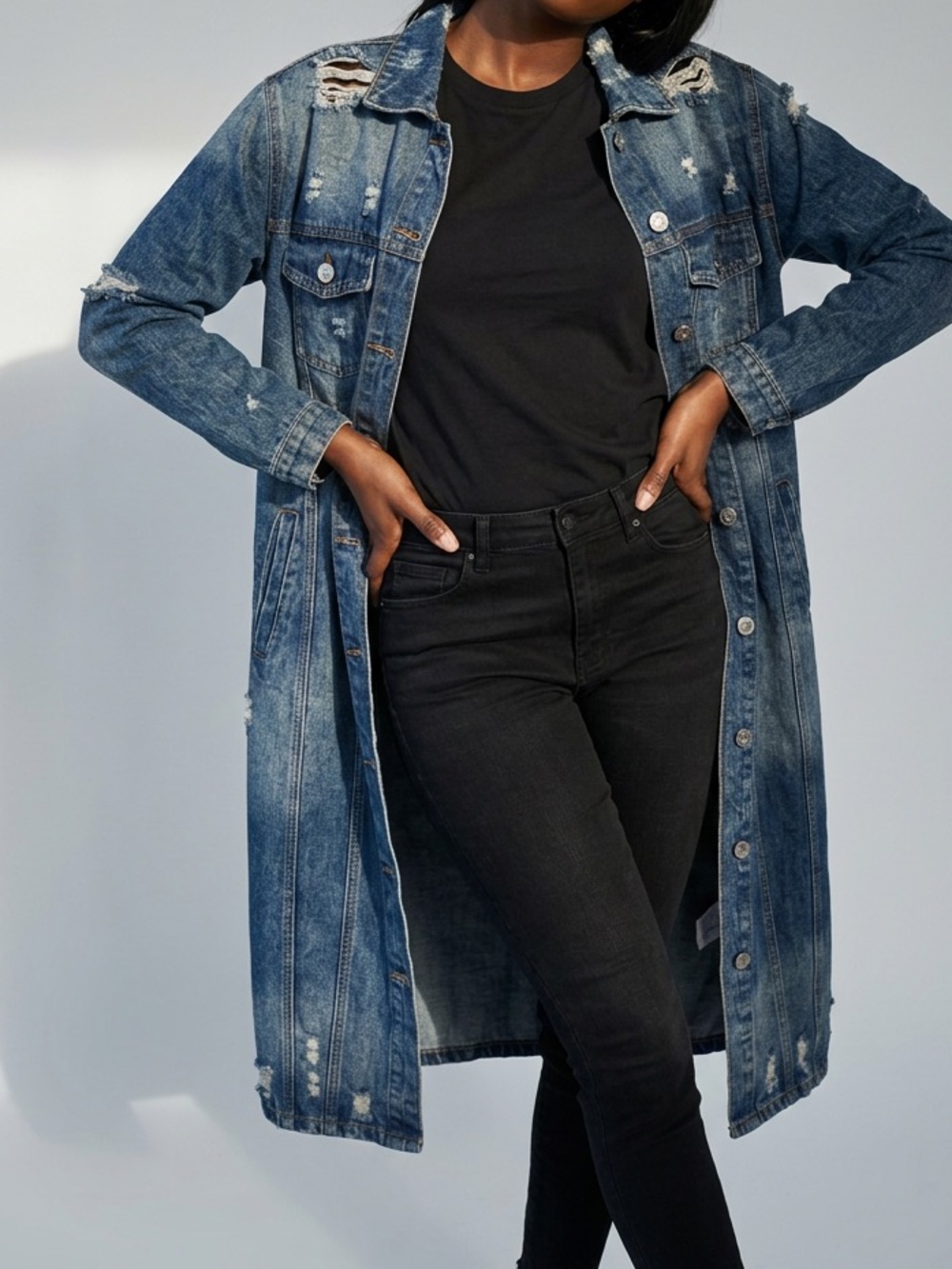 Long Denim Duster Jacket by Thrill, Distressed. Size M. Like New!
